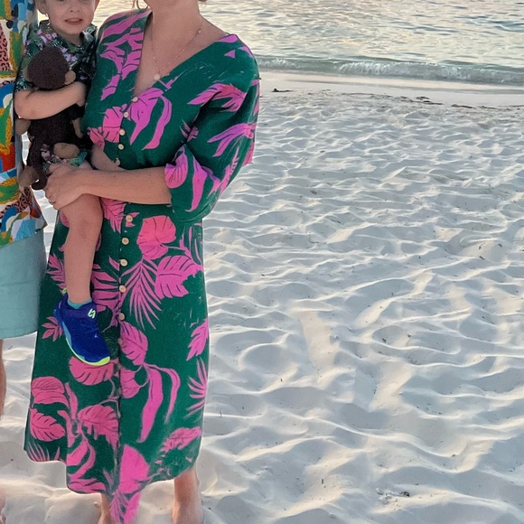 Green and Pink Leaf Print Dress - Picture 2 of 2